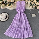 Sleeveless Tank Dress Women Summer 2022 Hollow Embroidery Solid Ladies Yellow Pink White Elegant
