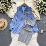 Women Two Pieces Sets Lantern Sleeve Blouse Shirt Top + Bodycon Slim Waist Ruched Spaghetti Strap Dress