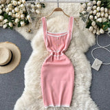 Women Knitted Strap Dress Korean Sleeveless Slim Pencil Dresses Summer Fashion Sexy Off Shoulder Bodycon Short