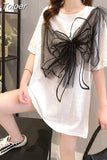 Oversized T Shirts Women Patchwork Gauze Chic Bow Tops Ladies Short Sleeve O Neck Tees Summer Loose Casual White
