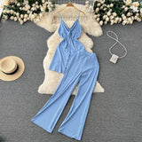 Summer Women Sexy Two Piece Set Beach Criss-Cross V-Neck Spaghetti Strap Tops + Wide Leg Pants Red/Yellow/Purple Suits