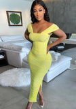 Vintage Off-the-shoulder Short Sleeves Solid Ruched Slit Pencil Midi