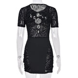 Sisterlinda Autumn Sexy See Through Bodycon Mini Dress Women Casual Street Short Sleeve Hollow Out Party Clubwaer Female