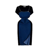 Two Dresses Women's Korean Version Of The Fashion Round Neck Short Sleeves To Receive Waist Thin Denim Dress