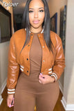 B PU Faux Leather Crop Bomber Coat Ladies Stand Collar Full Sleeve Baseball Jackets Streetwear Button Down Slim Fit