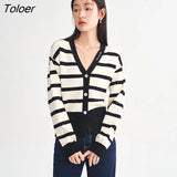 Women Knit Cardigan 2023 Spring Long Sleeves V Neck Slim Fit Sweaters Classic Black Apricot Stripe Elegant Chic