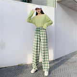 Women Plaid Pants Loose Wide Leg Trousers Korean Style Oversize Retro Teen Straight Trousers Female Long Pants