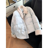 Milk Blue Splicing Short Cotton Clothes Women Wear Thick Warm Cotton Clothes Loose Thin Coat