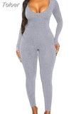 Skinny Yoga Jumpsuit Solid Color Long Sleeves Ribbed Bodysuit Casual Gym Fitness Running One Piece Overalls