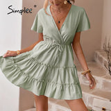 Party Summer V-neck light pink dress Casual solid high-waist lace-up ruffled women dress Elegant office ladies short dress