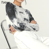 Tie-dye Long Sleeve T-shirts Women Slim Asymmetrical Designs High Street Vintage Crop Tops Cozy Korean Style