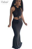 Orange Ruched Drawstring Sleeveless Tank Top and High Waist Mermaid Maxi Skirt for Women Elegant Body-shaped Two Pcs
