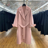 Winter 2021 Korean Handmade Double Sided Long Black 100% Sheep Wool Coat Women Loose Lacing Belt Pink Woolen