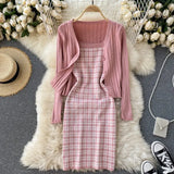 Autumn Plaid Knitted Two Pieces Suits Women Long Sleeve Knit Cardigan+Slim Short Camis Dress Sweater Dress Sets