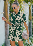 Printed Casual Turn-down Collar Short Sleeves Floral Print Belted Loose