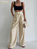 Fashion Beige Women Pants 2022 Casual Loose Office Lady High Waist Pants Elegant Chic Irregular Pleated Female