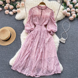 Autumn Vintage Women Lace Party Dress Elegant Round Neck Lantern Sleeve High Waist A-Line Vestidos Red/White/Black Robe New