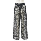 Black Mesh Floral Rhinestone Pants-Outfit