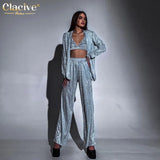 Sexy Blue Glitter 3 Piece Sets Women Outifits Fashion Long Sleeve Blazer + Bar With High Waist Straight Pants Female