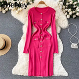 Women Knitted Pencil Dress Korean Long Sleeve Elastic Slim Dress Autumn Winter Sexy Bodycon Warm Sweater