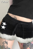 Furry Feather Patchwork Star Print Velvet Shorts Black Kawaii Fairycore Cycling Booty y2k Shorts Sexy Clubwear