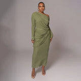 Draped Off-Shoulder Long Sleeve Top And Maxi Skirt Set-Outfit