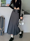 Vintage Belt Long Skirt Women Autumn 90s Aesthetic Streetwear Y2k High Waist Slim A-line Pleated Skirt Korean