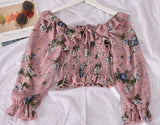 one-shoulder floral lace tie ruffled chiffon shirt female pleated was thin puff sleeve bottoming