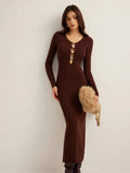 New Women's Dress French Retro Solid Color V-Neck Long-Sleeved Bag Hip Knitted
