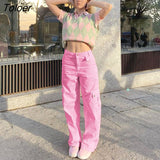 Pink Wide Leg Baggy Mom Jeans Women Low Waist Korean Fashion Denim Trousers Big Pockets Cargo Pants Hippie