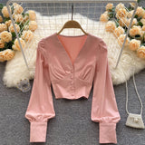 New Spring Shirts Women Elegant Vintage Solid Long Sleeves Slim Tops Fashion Button Sexy Streetwear Short