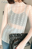 New Transparent Korean Loose Women Lace Blouse 3 Colors Female Bottoming Blouses Plus Size Cheaper