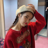 Womens Thicken Warm O-Neck Letter Loose Casual Christmas Knitting Pullovers Sweaters Tops Sweet Kawaii