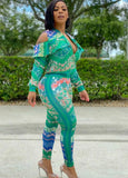 Print Green Cut Out Zipper Jacket and Matching Pants