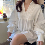 SuperAen Autumn Retro V-neck Patchwork Knit Design Loose All Match Puff Sleeve Shirts Women's
