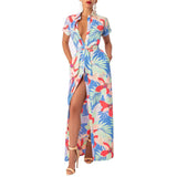 Summer New Fashion Print Short-Sleeved With Open Shirt Flip-Neck Dress