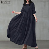 ZANZEA 2022 Vintage Summer Maxi Dress Women's Pleated Sundress Half Sleeve Long Vestidos Female Casual O Neck Robe