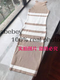 summer women's hanging neck knit long dress round neck stripes hit color waist slim slim ming knit long dress office