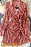 Sexy Sequins Glitter Mini Party Dress for Women Fashion Spring Solid V-neck Long Lace-up Sash A-line Short Club