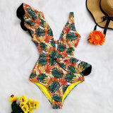 New Print Swimwear Deep V-Neck Ruffle Swimsuit Push Up One Piece Swimsuit Beach Wear Backless