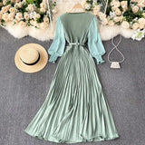 Vintage Women Pleated Long Dress Female Elegant Lantern Long Sleeve High Waist Red/Purple Draped Maxi Vestidos Spring Autumn