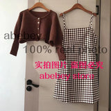 Winter Fashion Korean Set Women Long Sleeve Short Knit Cardigan+Sleeveless Plaid Strap Dresses Two Piece