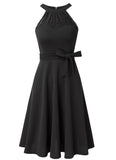 Vintage Halter Sleeveless Solid Lace Bow A-line Midi
