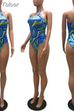 Mounted-neck Backless One Piece Swimsuit Women Summer Off The Shoulder Sleeveless Print Bathing Suits Bodycon Swimwear