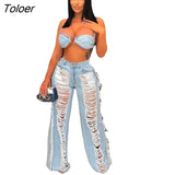 New Sexy Denim Two Piece Set Lace Up Ring Bra Top Hollow Out Hole Tassel Jeans Summer Party Night Clubwear