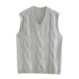 PUWD Vinatge Woman Grey Oversized V Neck Thick Knitted Vest Autumn Winter Fashion Ladies Loose Soft Tank Female Casual