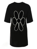 Fashion Women's T-shirt New Rund Neck Loose Back Hollow Out Diamond Short Sleeve White Tops Female Tide Summer 2023
