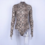 Snakeskin Printed Turtleneck Bodysuit Long Sleeve Winter Women's Body Windproof Cuffs Bodysuits Women Outfits
