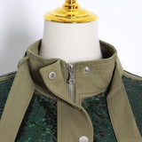 Army Green Jacket For Women Turtleneck Long Sleeve Patchwork Hit Color Pockets Casual Coats Female 2023 Fashion