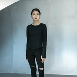 Women Black Line Split Joint Temperament T-shirt New Round Neck Long Sleeve Fashion Tide Spring Autumn 2023
